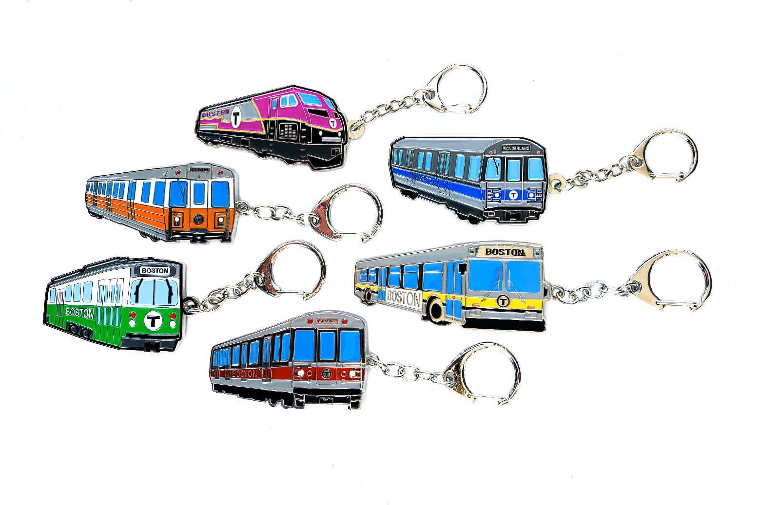 Set of Six Colorful MBTA Vehicle Metal Keychains